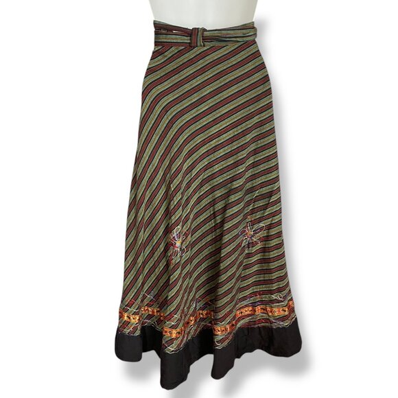 Striped Wrap Skirt Floral Embroidery Boho Flowers Ribbon Tie Waist Green Red - Picture 2 of 16